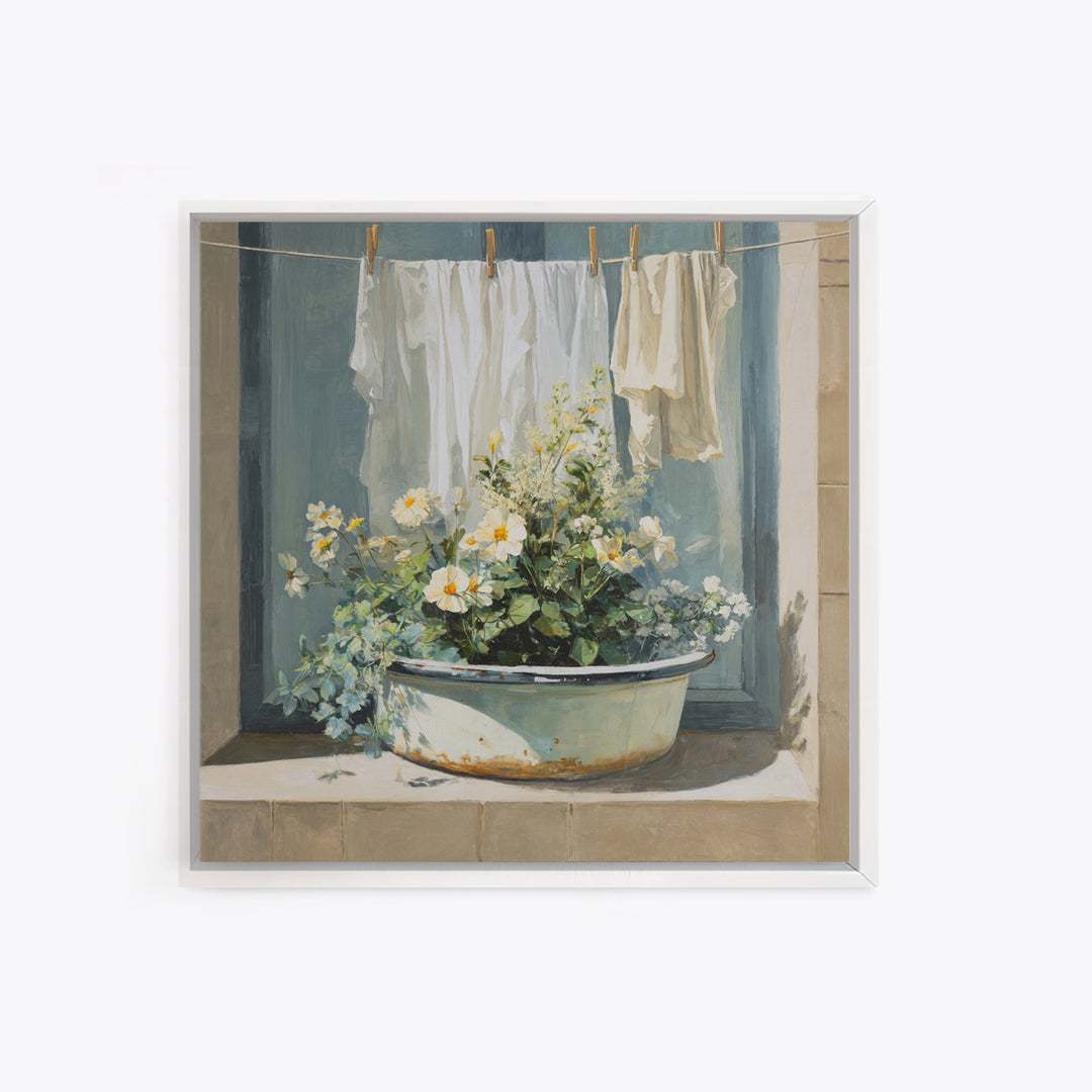 Old Enamel Basin Filled Framed Canvas Print, Laundry Room Art, Gallery Decor, Living Room Decor, Fine Art, Clean, LRA-1x1-32