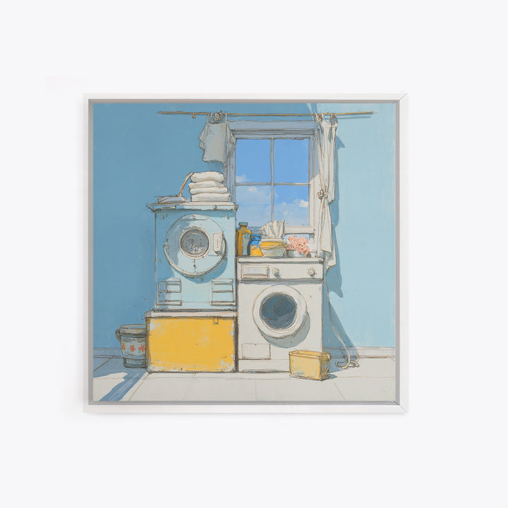 Retro Iron Illustration Framed Canvas Print, Laundry Room Art, Statement Artwork, Living Room Decor, Abstract Art, Clean, LRA-1x1-33