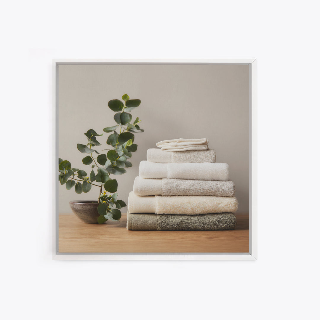 Sunlit White Towels and Eucalyptus Branch Canvas Print, Laundry Room Art, Farmhouse Wall Decor, Living Room Decor, LRA-1x1-35