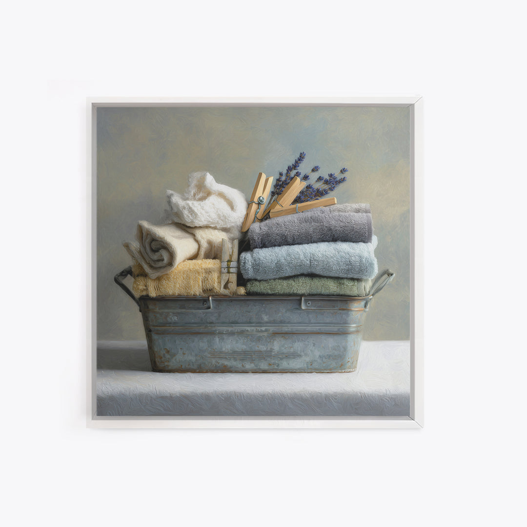 Basket of Folded Towels Framed Canvas Print, Laundry Room Art, Rustic Home Decor, Living Room Decor, Fine Art, Clean, LRA-1x1-38
