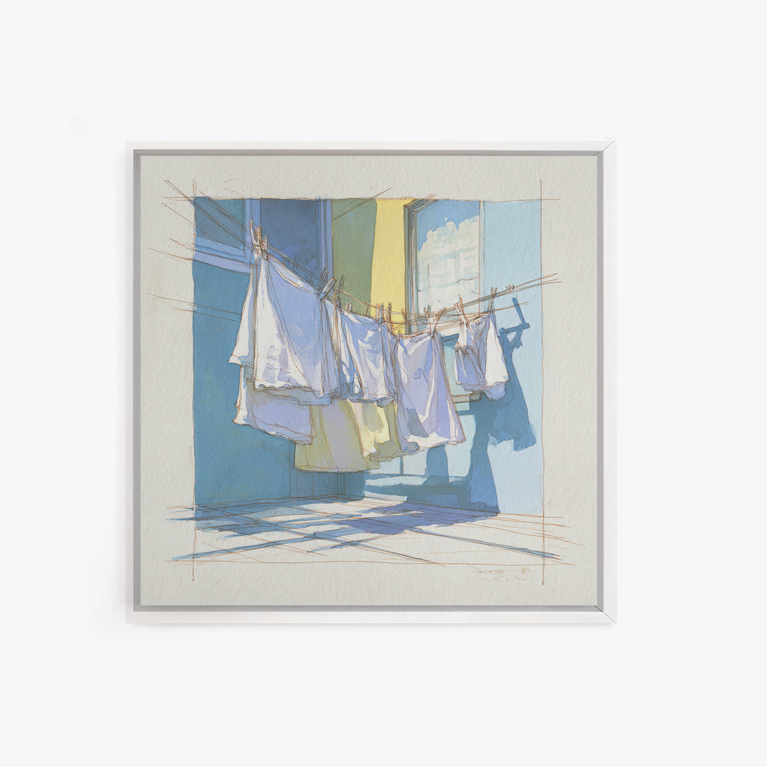 Simple Line Drawing of Hanging Laundry Framed Canvas Print, Laundry Room Art, Art Print, Living Room Decor, Abstract Art, Clean, LRA-1x1-40