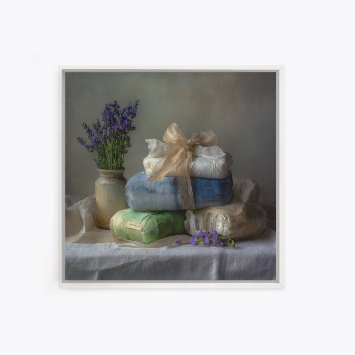 Lavender Sachet and Ribbon Still Life Framed Canvas Print, Laundry Room Art, Gallery Decor, Living Room Decor, Fine Art, Clean, LRA-1x1-41