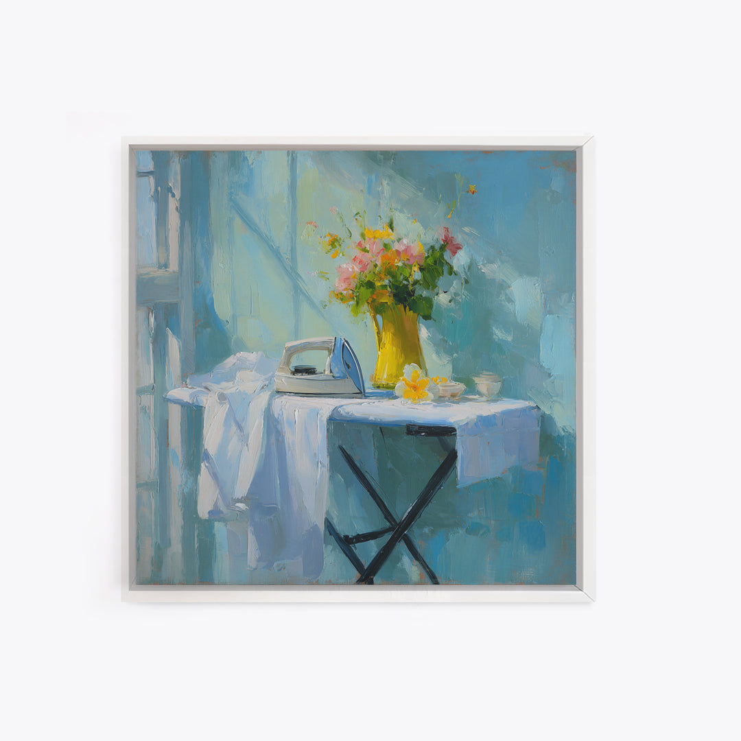 Ironing Board Still Life Framed Canvas Print, Laundry Room Art, Living Room Decor, Oil Painting, Clean, Wall Art Print, LRA-1x1-48