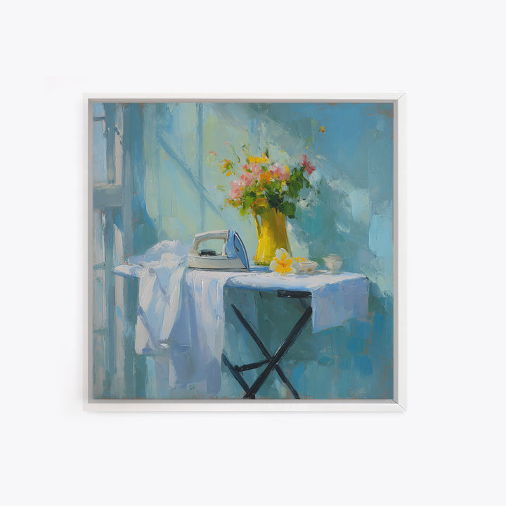 Ironing Board Still Life Framed Canvas Print, Laundry Room Art, Living Room Decor, Oil Painting, Clean, Wall Art Print, LRA-1x1-48