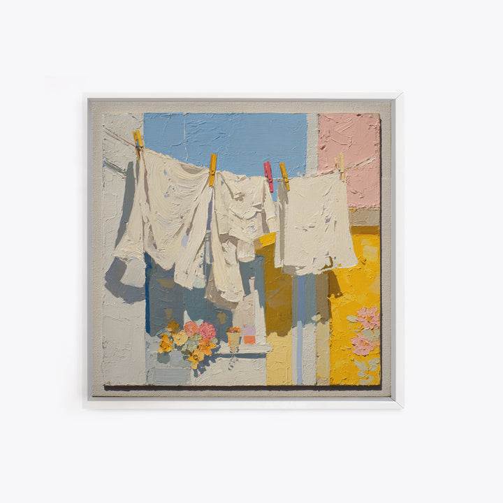 Clothesline with White Linens Blowing in Sunshine Canvas Print, Laundry Room Art, Modern Decor, Living Room Decor, Abstract Art, LRA-1x1-49