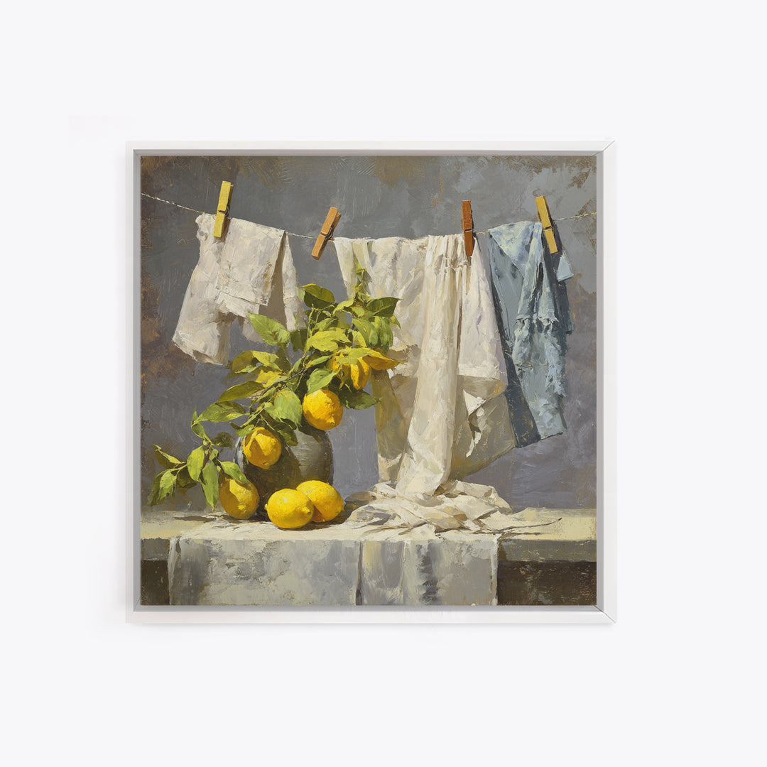 Lemon and Clean Linen Still Life Framed Canvas Print, Laundry Room Art, Rustic Home Decor, Living Room Decor, Abstract Art, LRA-1x1-51