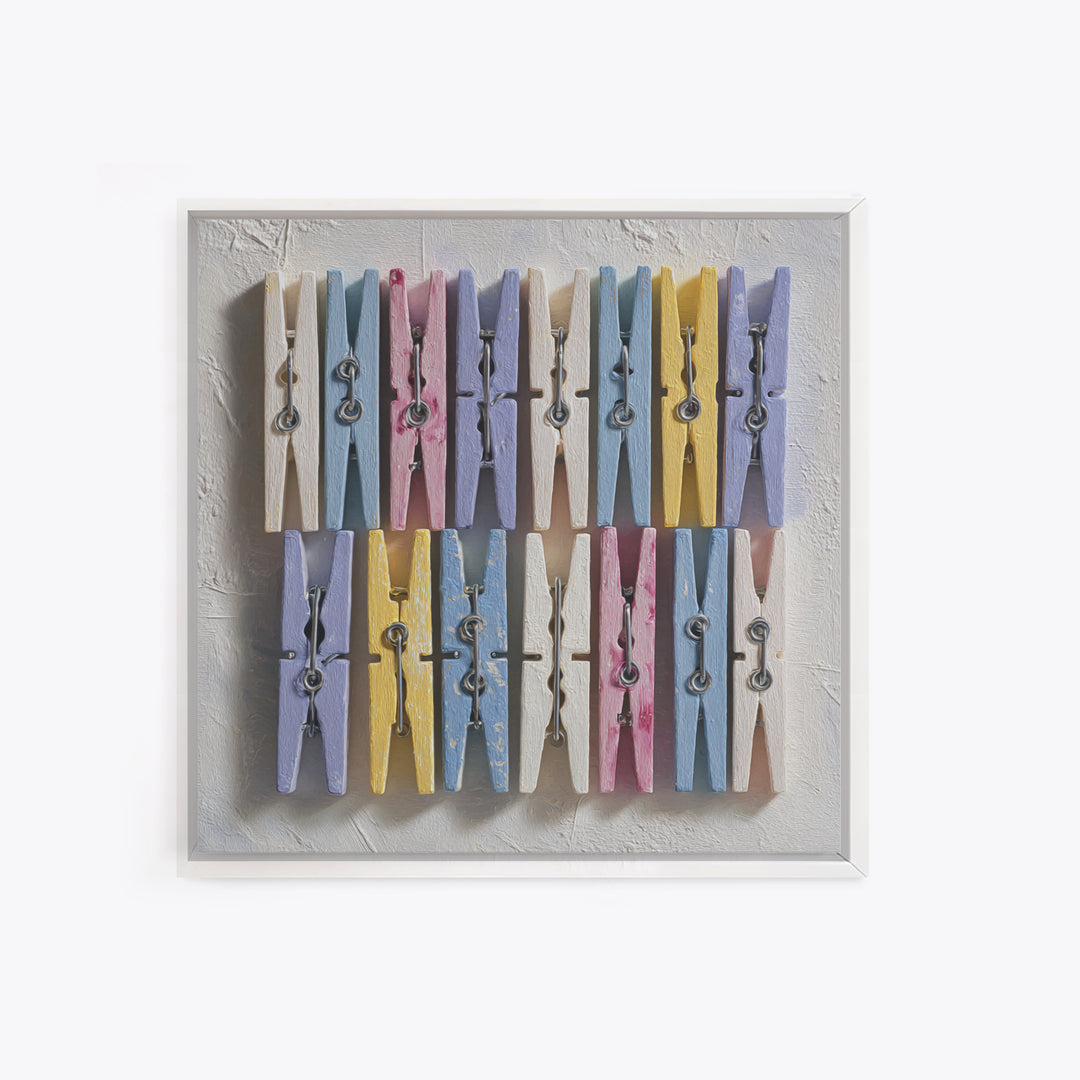 Cheerful Clothespins Arranged as Pattern Framed Canvas Print, Laundry Room Art, Laundry Room Decor, Living Room Decor, Clean, LRA-1x1-52