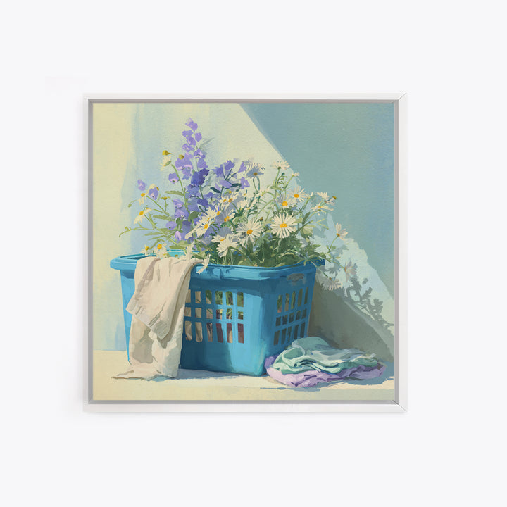 Blue Laundry Basket Framed Canvas Print, Laundry Room Art, Fine Art Print, Living Room Decor, Fine Art, Clean, Painting, LRA-1x1-53