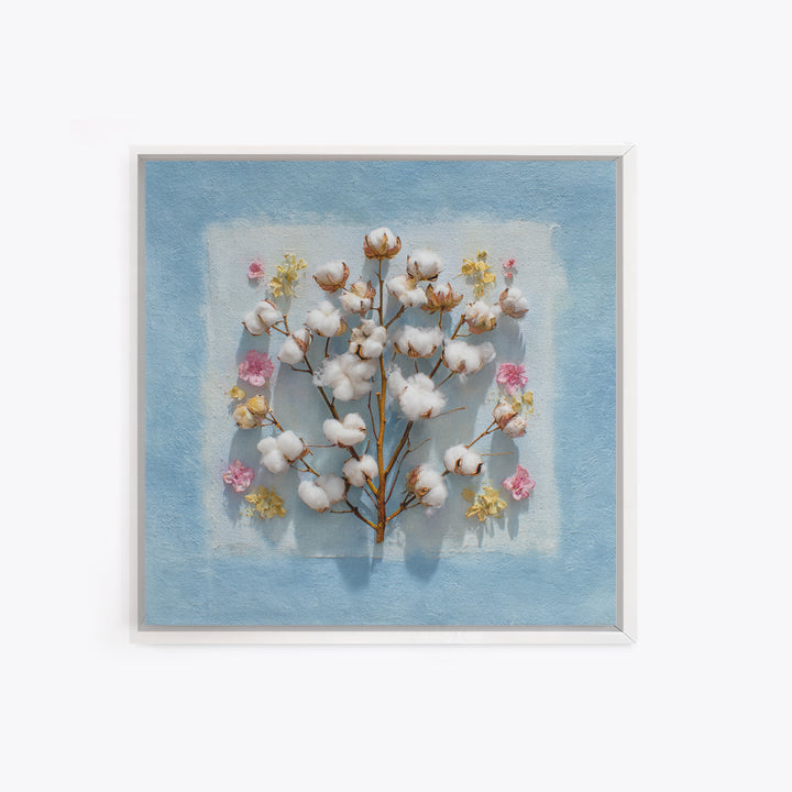 Fresh Cotton Branch Botanical Study Canvas Print, Laundry Room Art, Apartment Wall Art, Living Room Decor, Fine Art, Clean, LRA-1x1-55