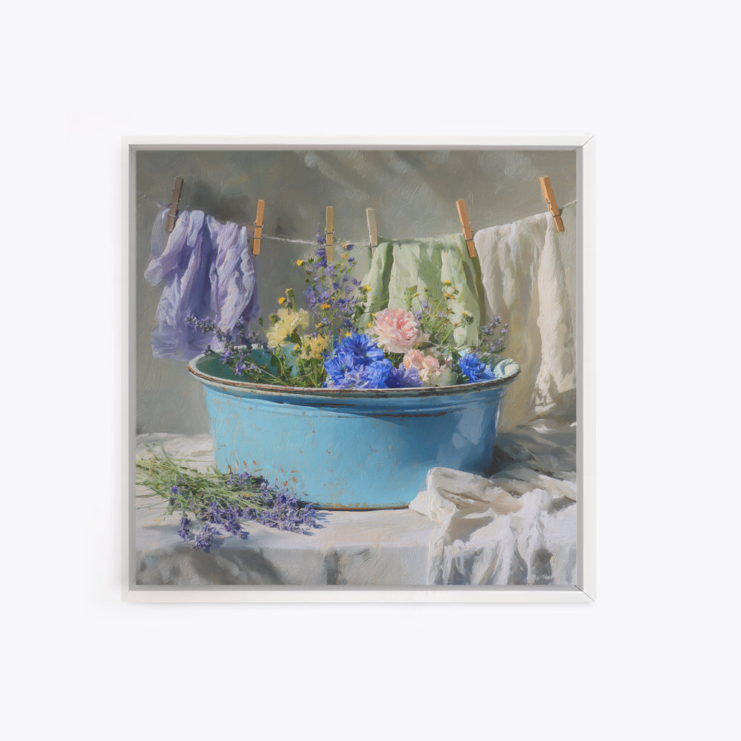 Old Enamel Basin Filled Framed Canvas Print, Laundry Room Art, Printable Art, Living Room Decor, Fine Art, Clean, Whimsical Art, LRA-1x1-56