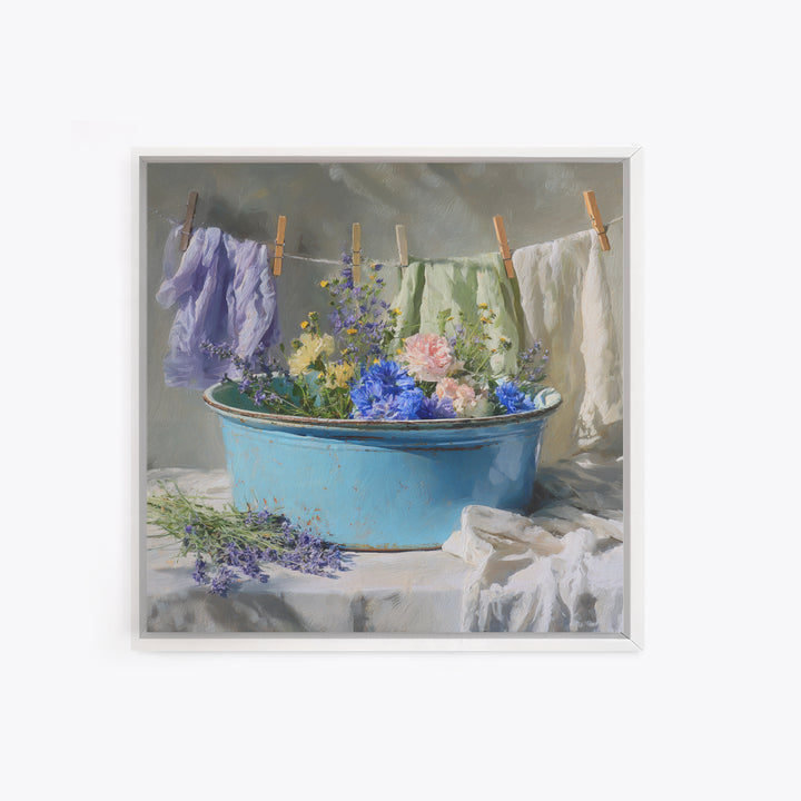Old Enamel Basin Filled Framed Canvas Print, Laundry Room Art, Printable Art, Living Room Decor, Fine Art, Clean, Whimsical Art, LRA-1x1-56