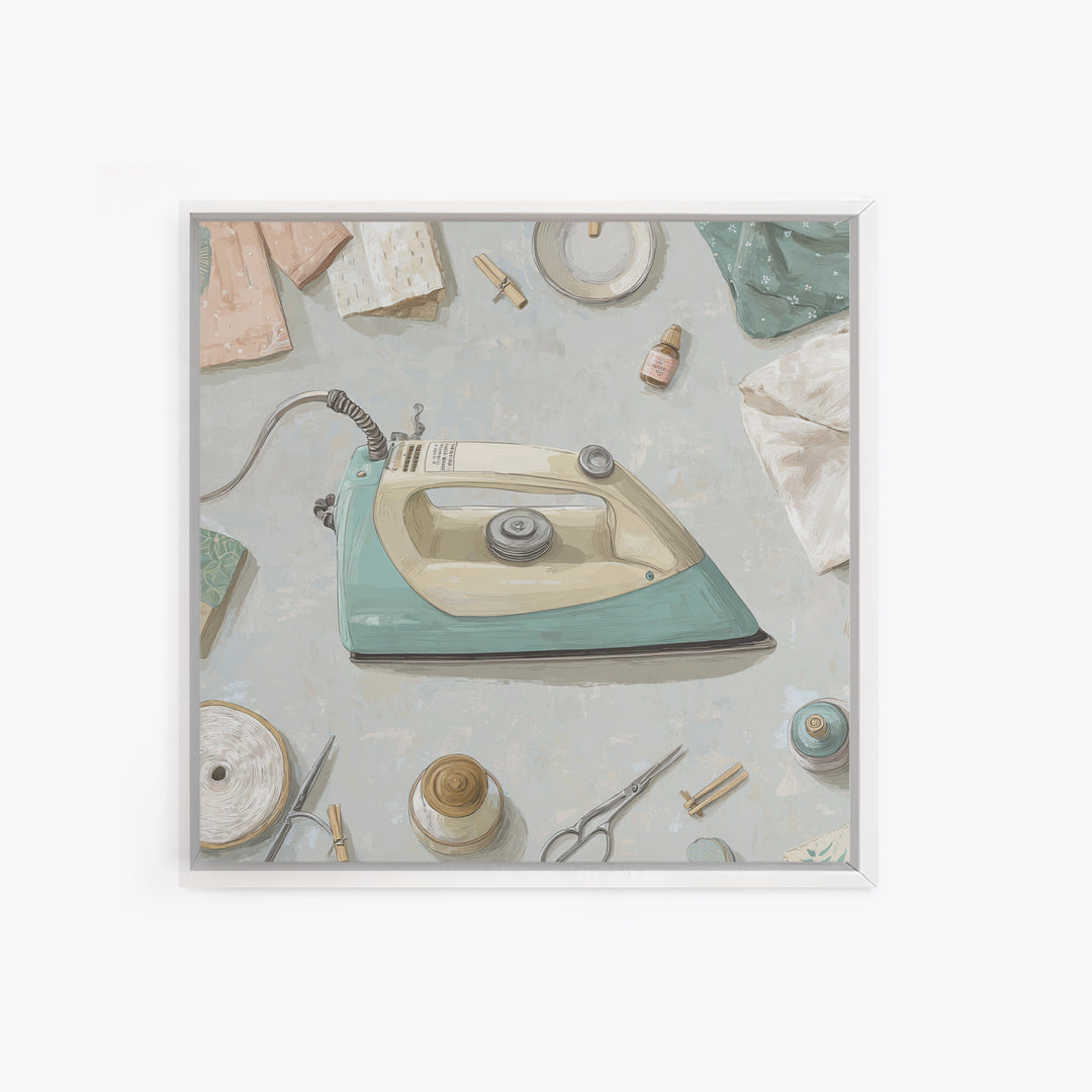 Retro Iron Illustration Framed Canvas Print, Laundry Room Art, Statement Artwork, Living Room Decor, Abstract Art, Clean, LRA-1x1-57