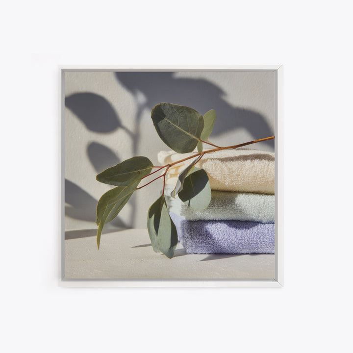 Sunlit White Towels and Eucalyptus Branch Canvas Print, Laundry Room Art, Digital Art Print, Living Room Decor, Fine Art, Clean, LRA-1x1-59
