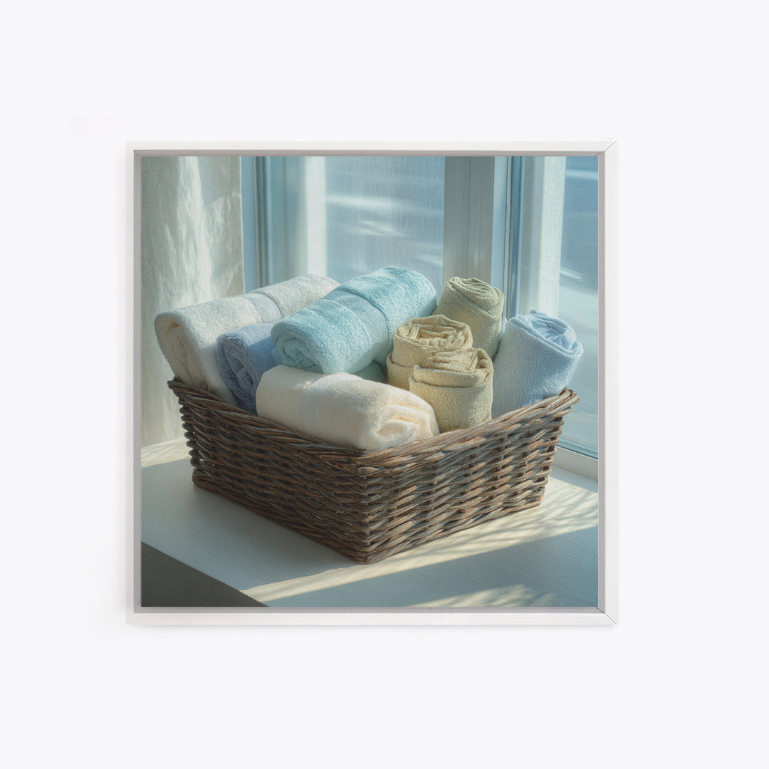 Basket of Folded Towels Framed Canvas Print, Laundry Room Art, Rustic Home Decor, Living Room Decor, Fine Art, Clean, LRA-1x1-62