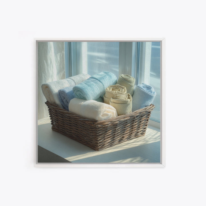 Basket of Folded Towels Framed Canvas Print, Laundry Room Art, Rustic Home Decor, Living Room Decor, Fine Art, Clean, LRA-1x1-62