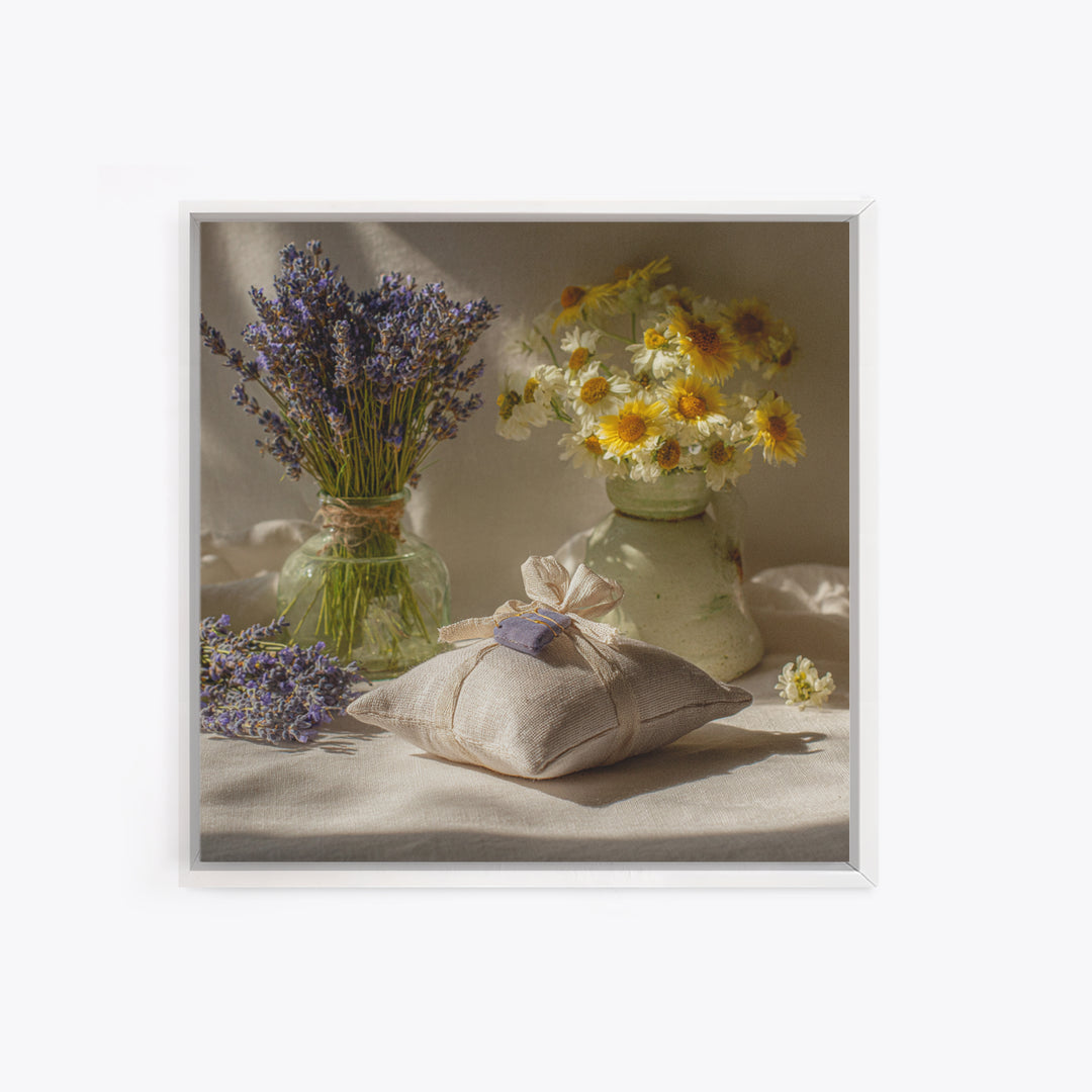 Lavender Sachet and Ribbon Still Life Framed Canvas Print, Laundry Room Art, Gallery Decor, Living Room Decor, Fine Art, Clean, LRA-1x1-65