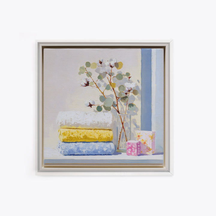 Sunlit White Towels and Eucalyptus Branch Canvas Print, Laundry Room Art, Statement Artwork, Living Room Decor, Clean, LRA-1x1-83