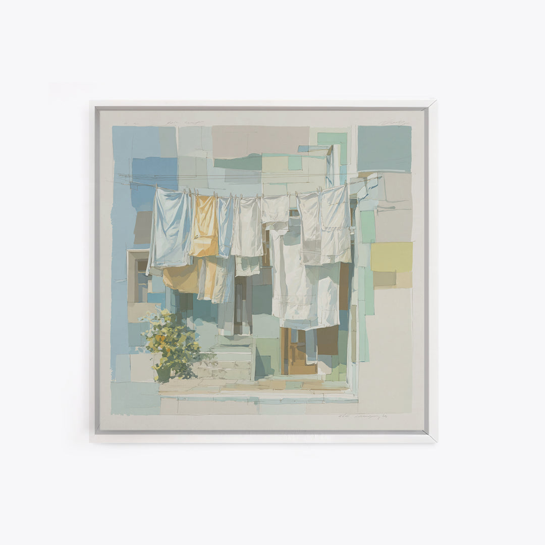 Simple Line Drawing of Hanging Laundry Framed Canvas Print, Laundry Room Art, Textured Painting, Living Room Decor, Clean, LRA-1x1-88