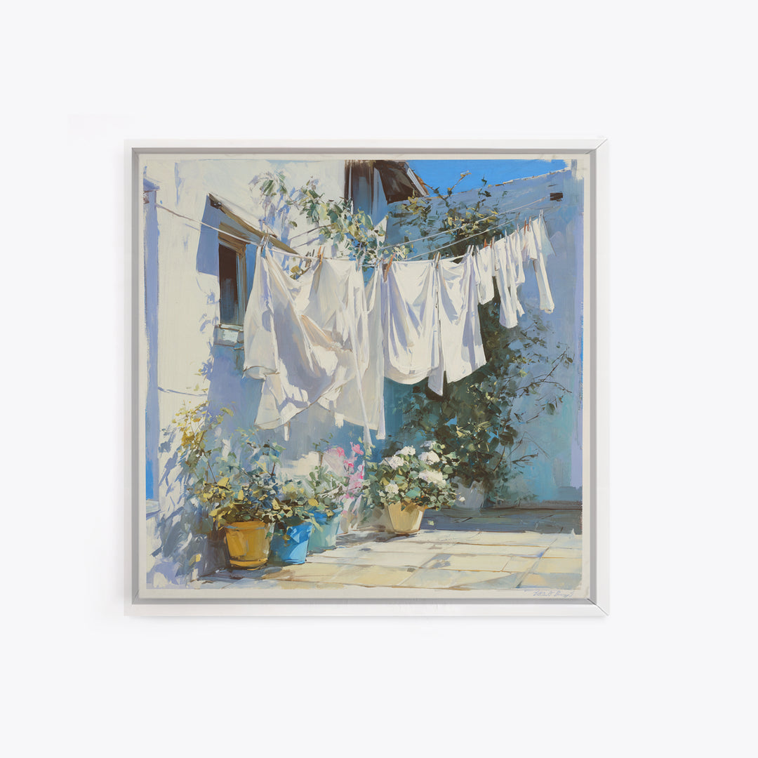 Clothesline with White Linens Blowing in Sunshine Canvas Print, Laundry Room Art, Home Decor, Living Room Decor, Clean, LRA-1x1-97