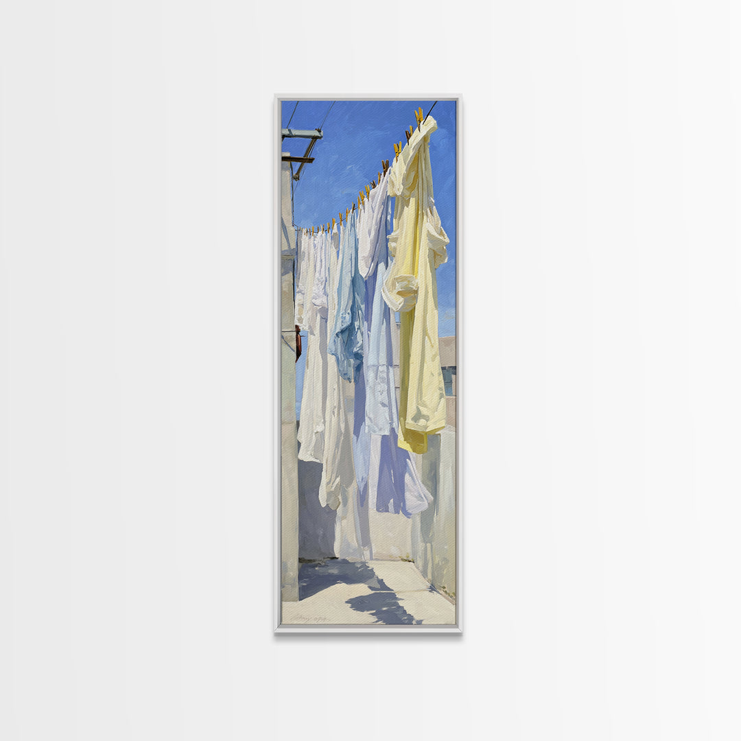 Clothesline with White Linens Blowing in Sunshine Canvas Print, Laundry Room Art, Statement Artwork, Living Room Decor, Clean, LRA-1x3-13