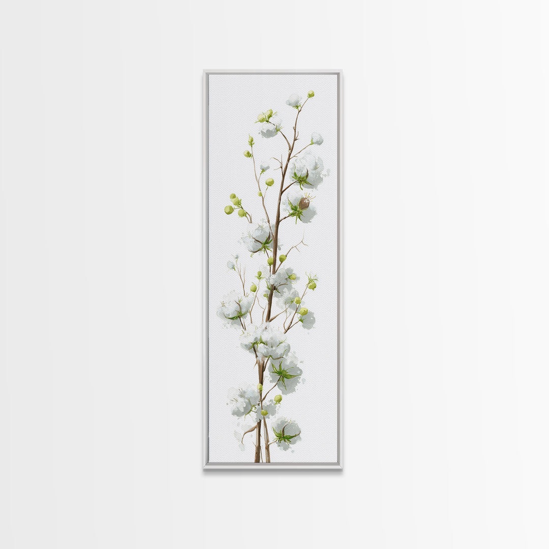 Fresh Cotton Branch Botanical Study Framed Canvas Print, Laundry Room Art, Painting, Living Room Decor, Oil Painting, Clean, LRA-1x3-19