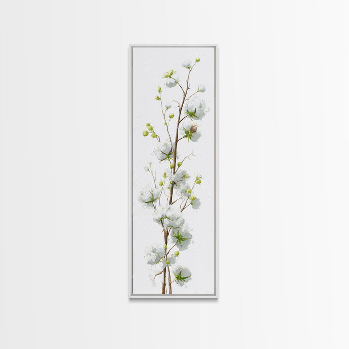 Fresh Cotton Branch Botanical Study Framed Canvas Print, Laundry Room Art, Painting, Living Room Decor, Oil Painting, Clean, LRA-1x3-19