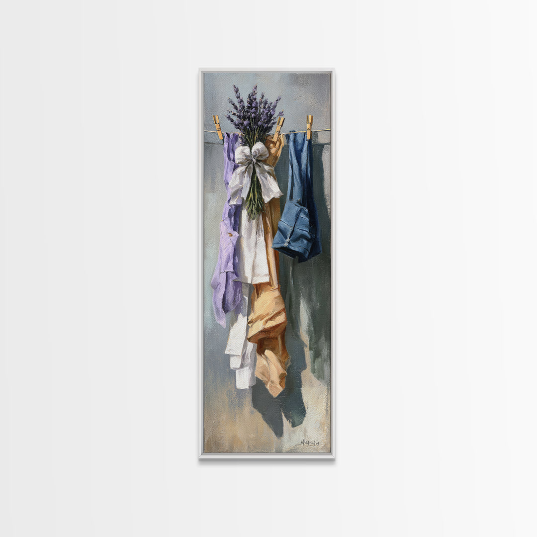 Lavender Sachet and Ribbon Still Life Framed Canvas Print, Laundry Room Art, Modern Decor, Living Room Decor, Fine Art, Clean, LRA-1x3-29