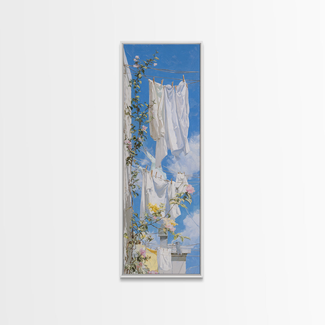 Clothesline with White Linens Blowing in Sunshine Canvas Print, Laundry Room Art, Statement Artwork, Living Room Decor, Clean, LRA-1x3-37