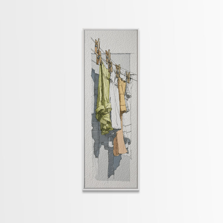 Simple Line Drawing of Hanging Laundry Framed Canvas Print, Laundry Room Art, Fine Art Print, Living Room Decor, Clean, LRA-1x3-4