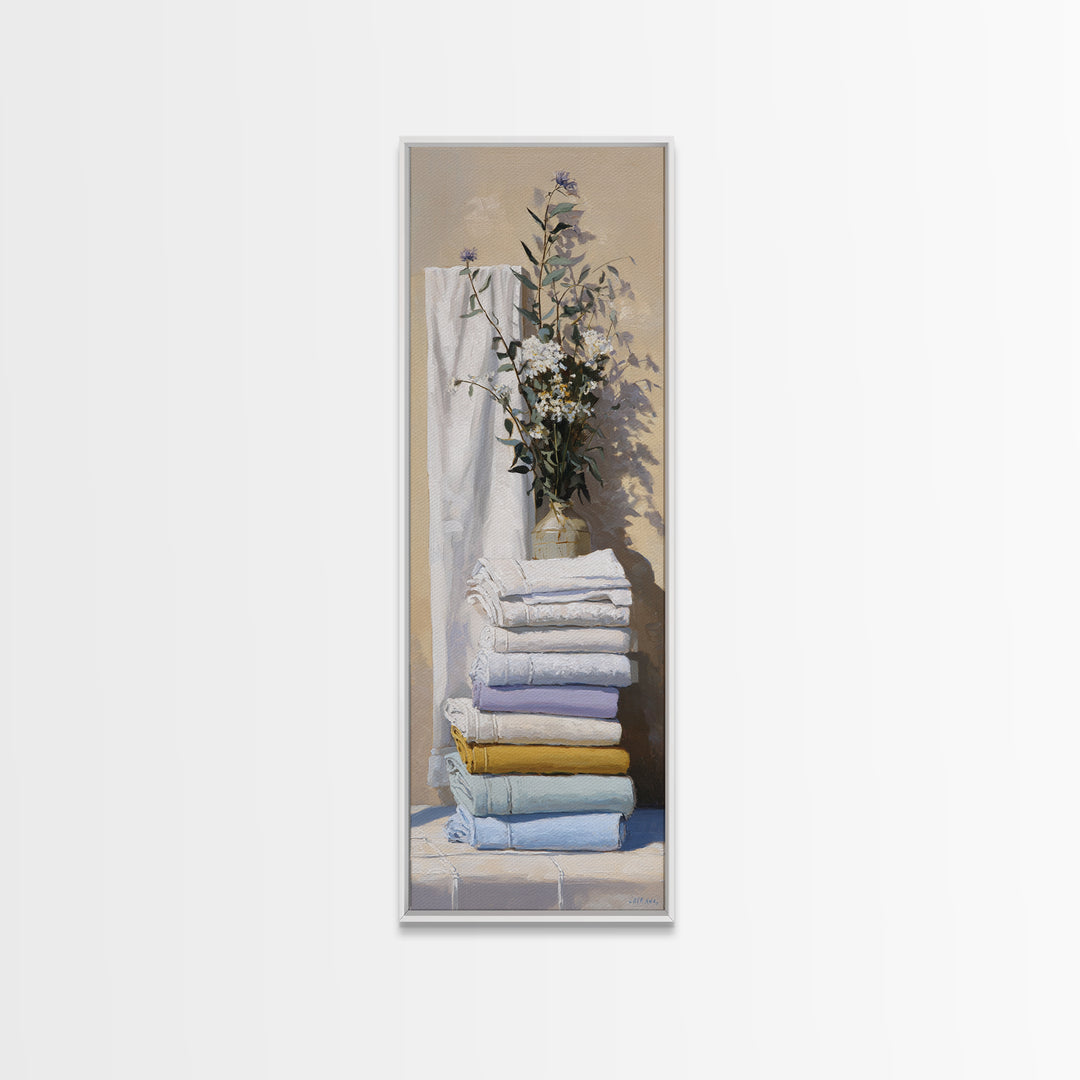 Sunlit White Towels and Eucalyptus Branch Framed Canvas Print, Laundry Room Art, New Home Gift, Living Room Decor, LRA-1x3-47