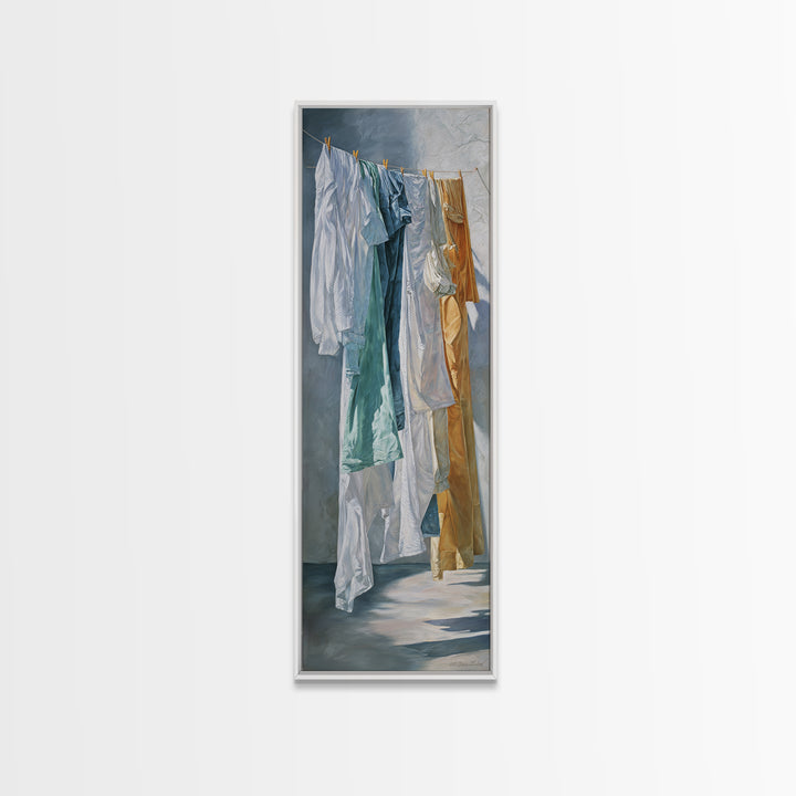 Clothesline with White Linens Blowing in Sunshine Canvas Print, Laundry Room Art, Textured Painting, Living Room Decor, Clean, LRA-1x3-61