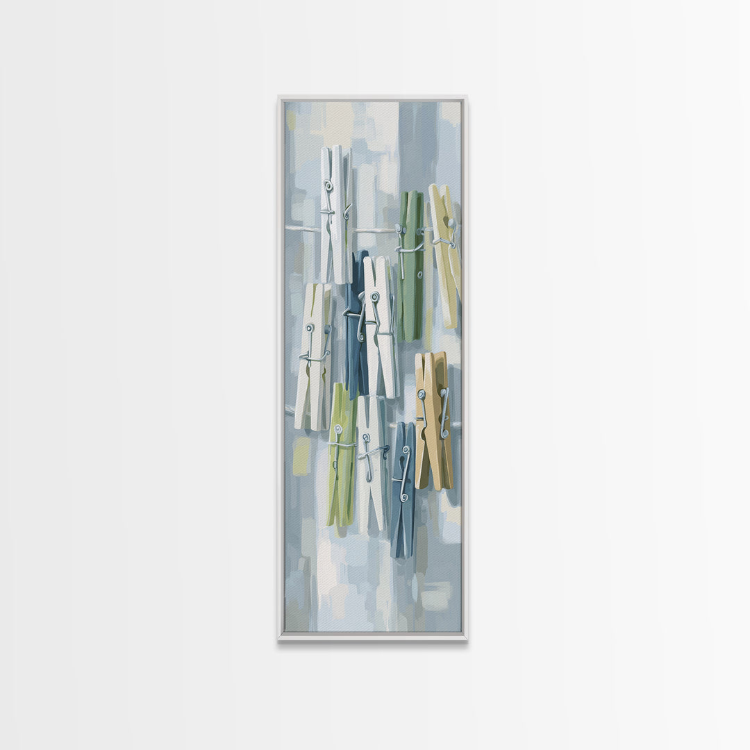 Cheerful Clothespins Arranged as Pattern Framed Canvas Print, Laundry Room Art, Printable Art, Living Room Decor, Clean, LRA-1x3-64
