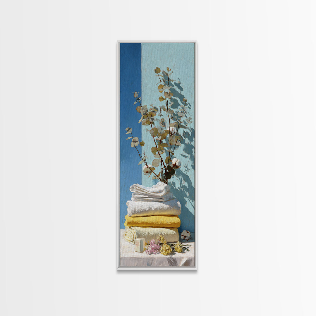 Sunlit White Towels and Eucalyptus Branch Framed Canvas Print, Laundry Room Art, Custom Wall Art, Living Room Decor, Clean, LRA-1x3-71