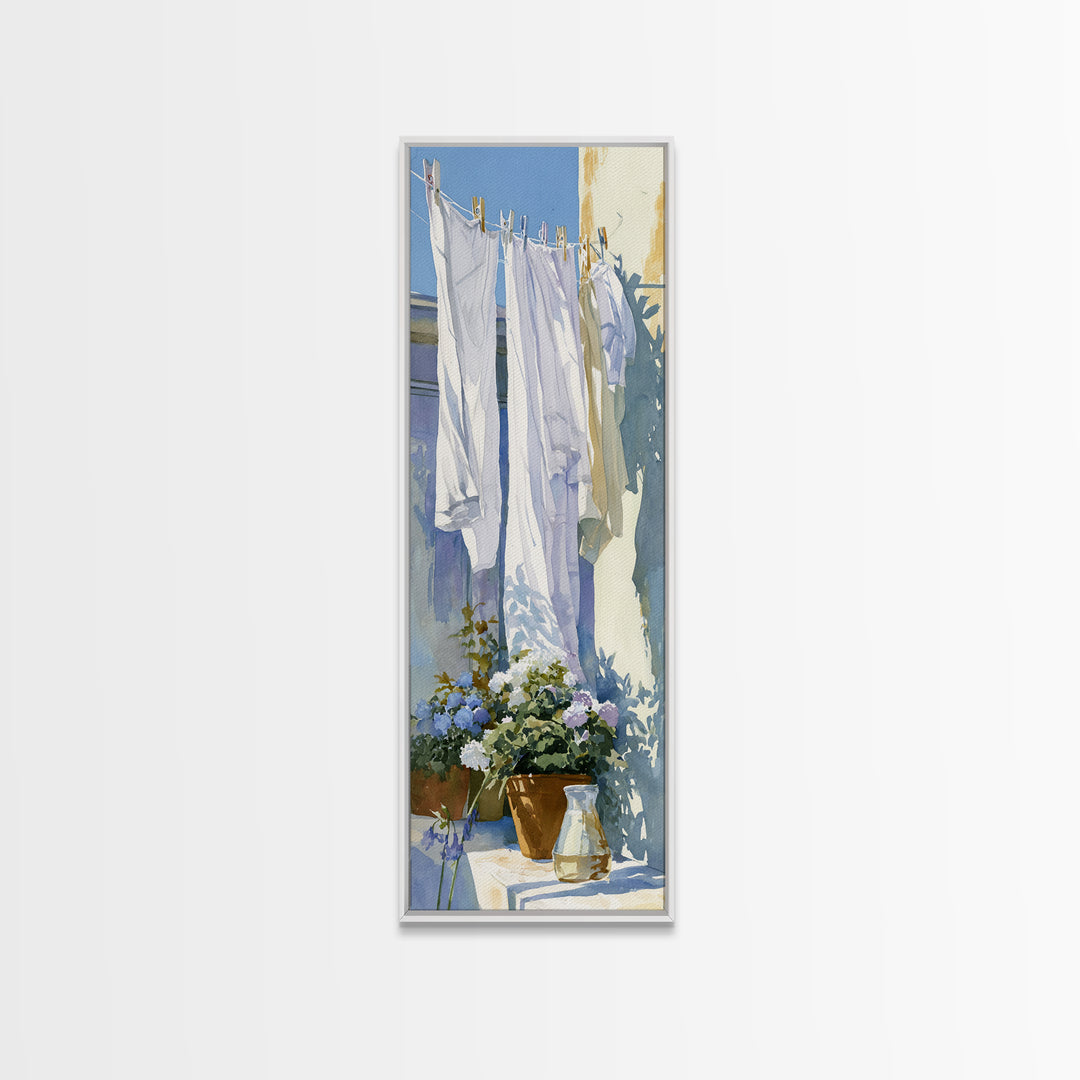 Clothesline with White Linens Blowing in Sunshine Canvas Print, Laundry Room Art, Living Room Decor, Abstract Art, Clean, LRA-1x3-85