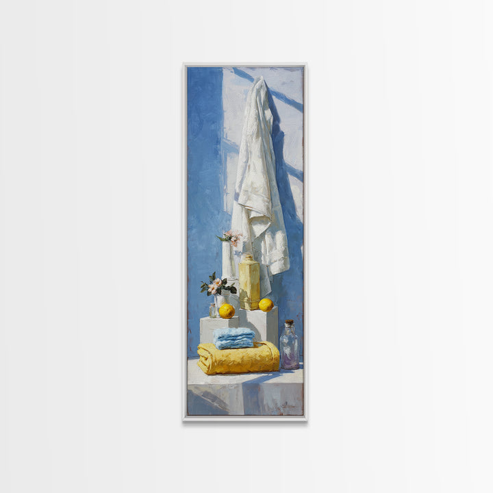 Lemon and Clean Linen Still Life Framed Canvas Print, Laundry Room Art, Living Room Decor, Abstract Art, Clean, LRA-1x3-87