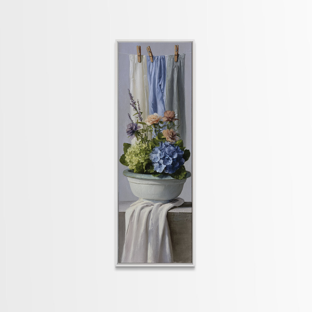 Old Enamel Basin Filled Framed Canvas Print, Laundry Room Art, Retro Wall Art, Living Room Decor, Clean, Digital Art Print, LRA-1x3-92