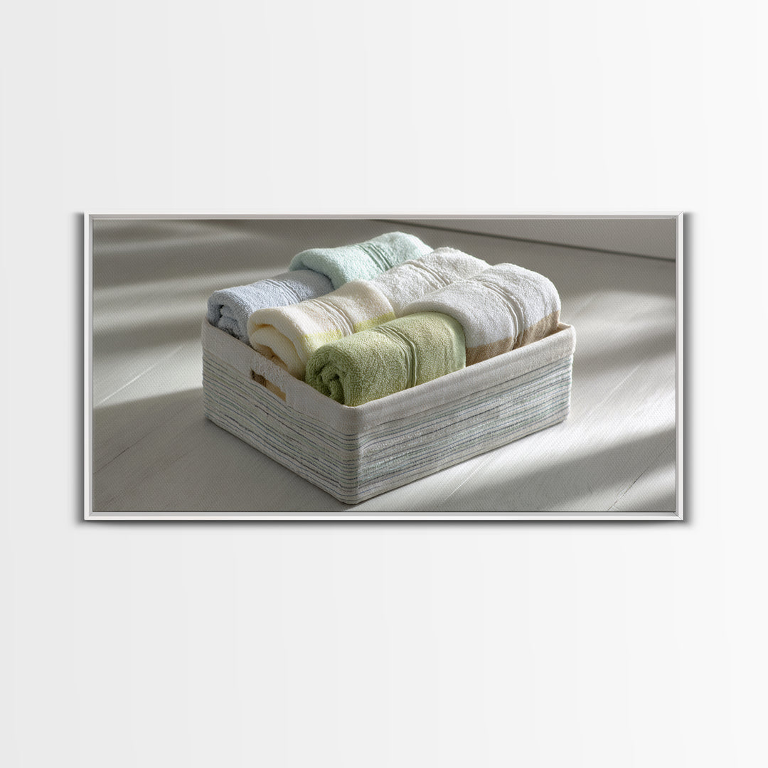 Basket of Folded Towels Framed Canvas Print, Laundry Room Art, Art Print, Living Room Decor, Fine Art, Clean, Artwork, LRA-2x1-10