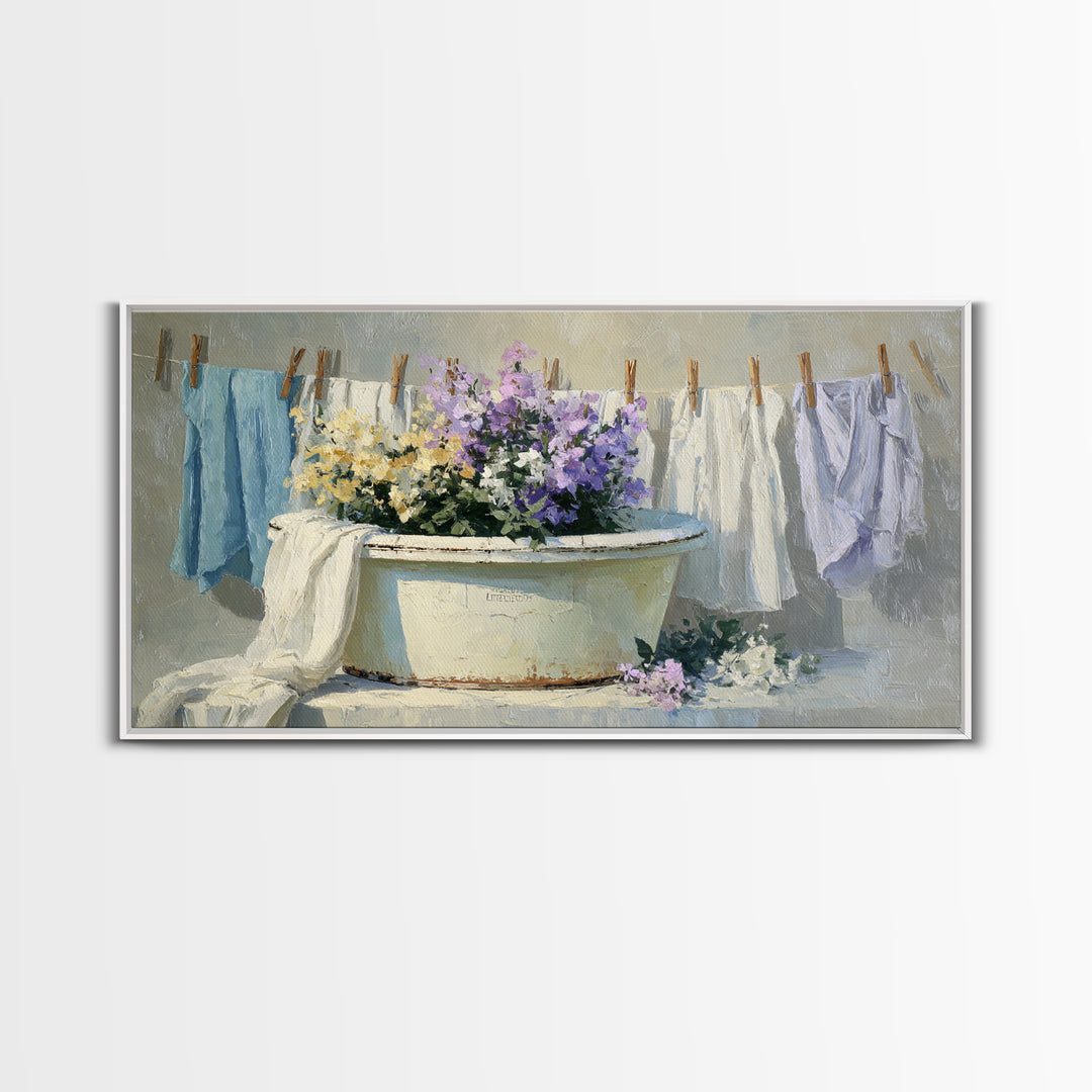 Old Enamel Basin Filled Framed Canvas Print, Laundry Room Art, Farmhouse Wall Art, Living Room Decor, Oil Painting, Clean, LRA-2x1-100