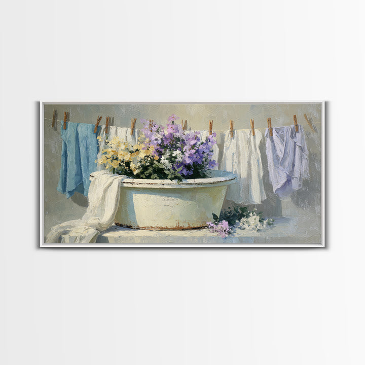 Old Enamel Basin Filled Framed Canvas Print, Laundry Room Art, Farmhouse Wall Art, Living Room Decor, Oil Painting, Clean, LRA-2x1-100