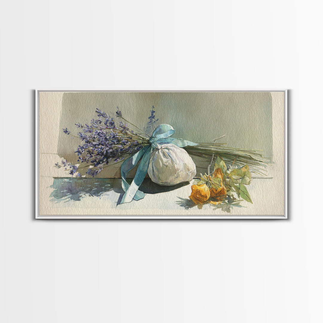 Lavender Sachet and Ribbon Still Life Framed Canvas Print, Laundry Room Art, Minimalist Decor, Living Room Decor, Clean, LRA-2x1-13