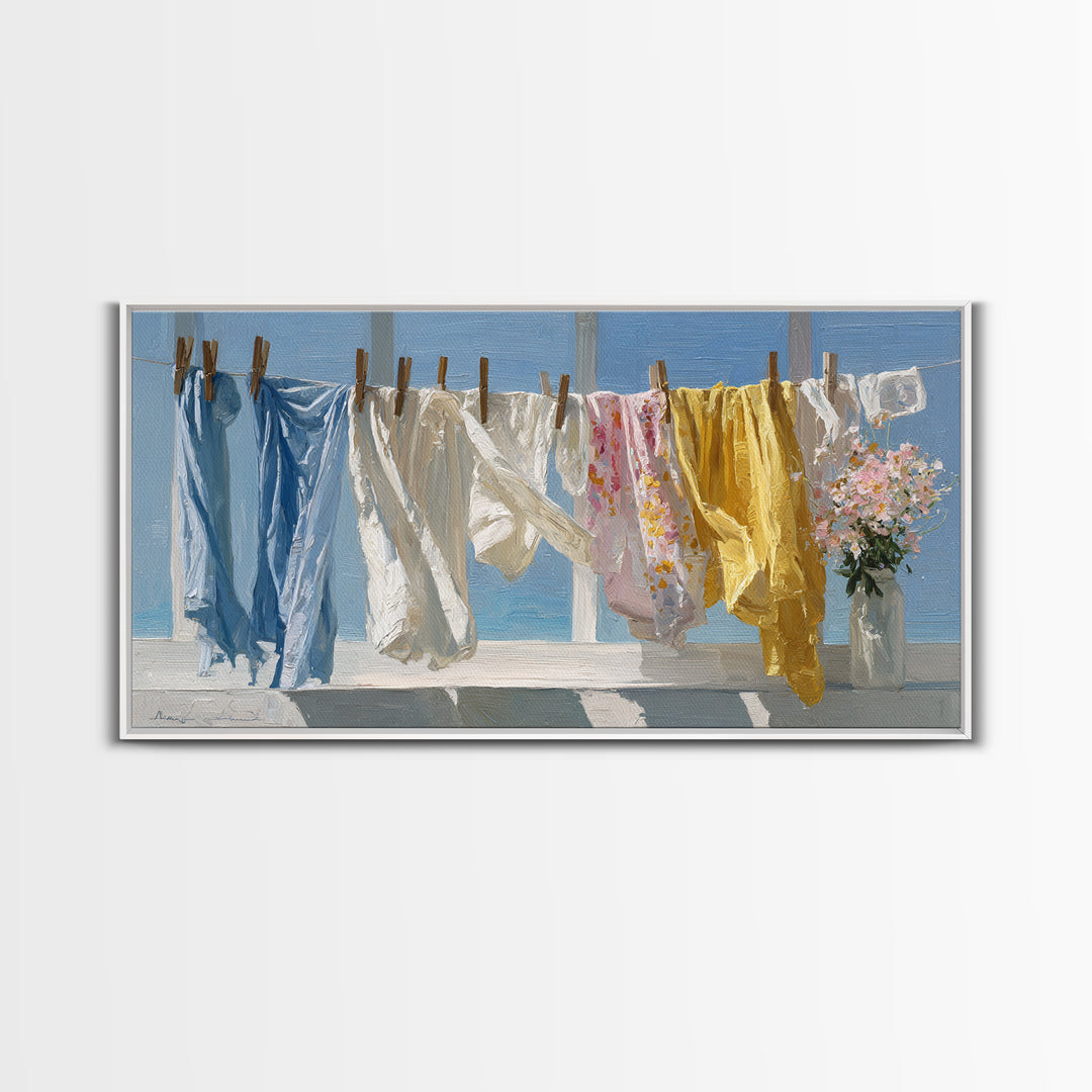Clothesline with White Linens Blowing in Sunshine Canvas Print, Laundry Room Art, Home Decor, Living Room Decor, Clean, LRA-2x1-21