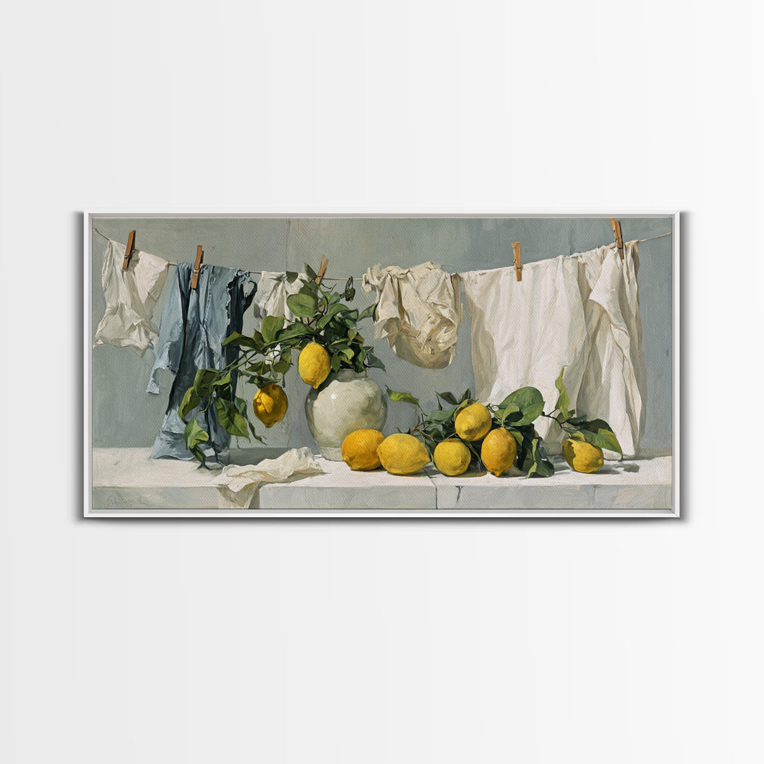 Lemon and Clean Linen Still Life Framed Canvas Print, Laundry Room Art, Digital Wall Art, Living Room Decor, Abstract Art, LRA-2x1-23