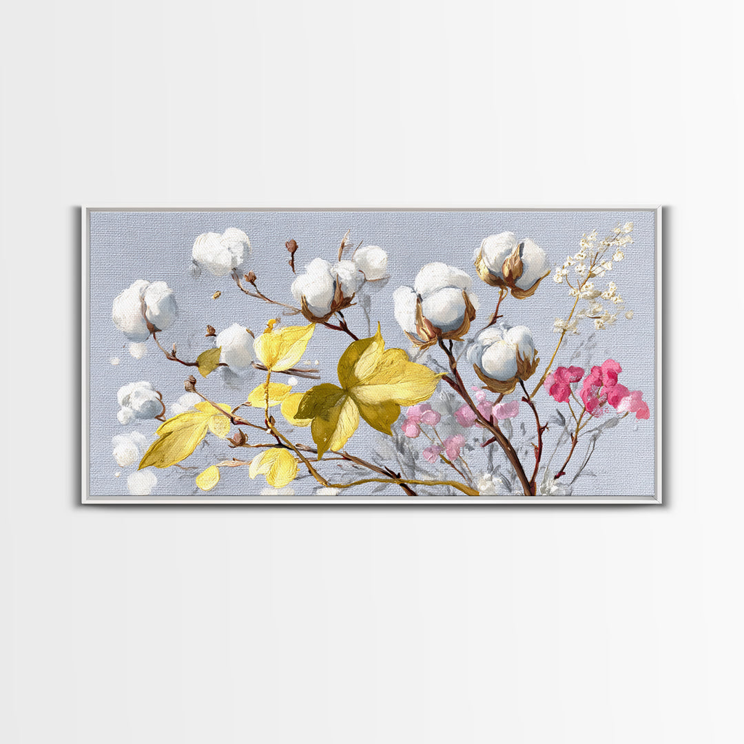Fresh Cotton Branch Botanical Study Framed Canvas Print, Laundry Room Art, Fine Art Print, Living Room Decor, Fine Art, Clean, LRA-2x1-27