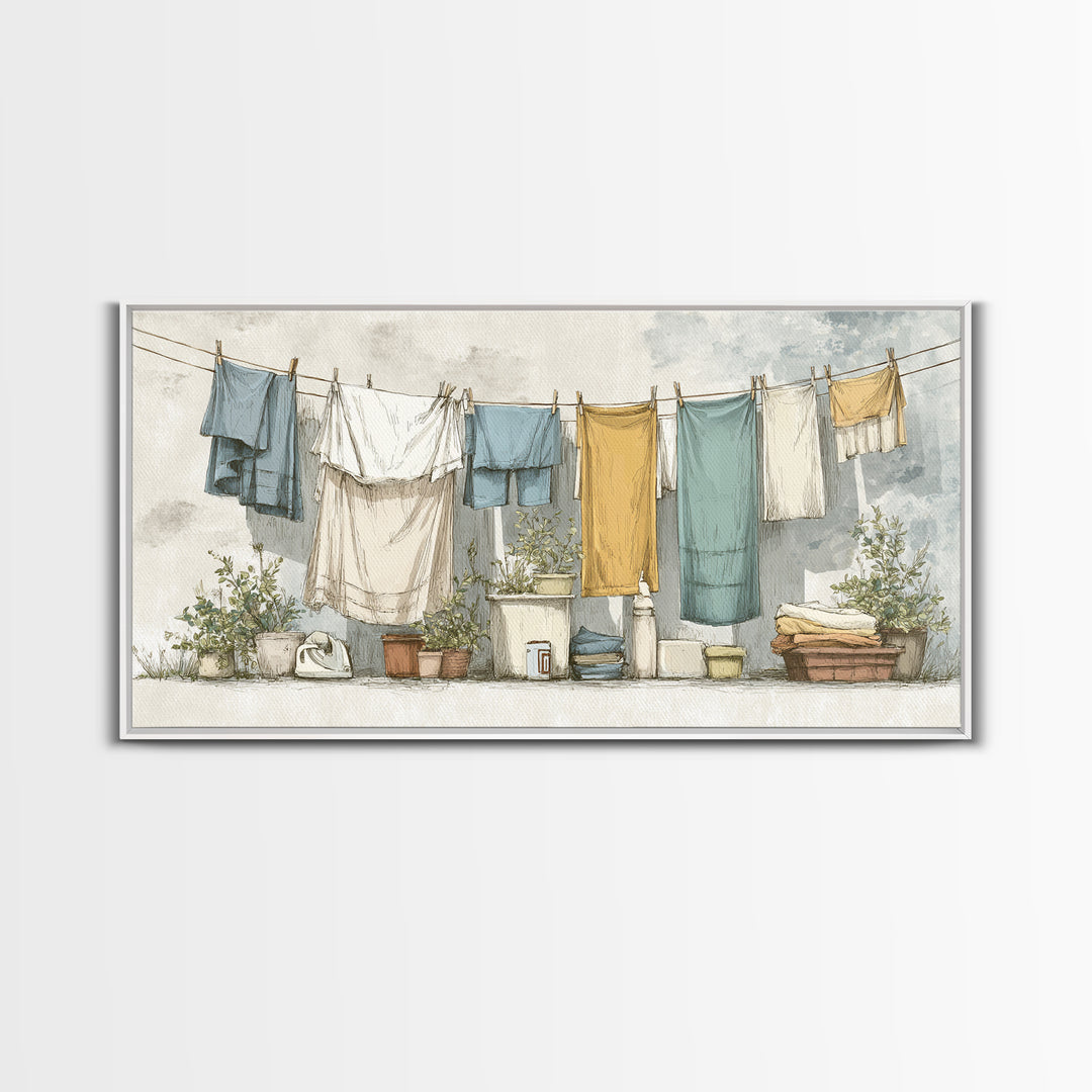 Retro Iron Illustration Framed Canvas Print, Laundry Room Art, Living Room Decor, Watercolor Art, Clean, Wall Art Print, LRA-2x1-29