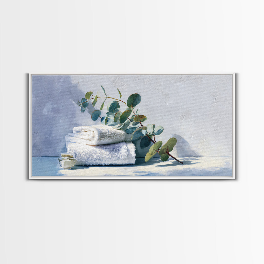 Sunlit White Towels and Eucalyptus Branch Canvas Print, Laundry Room Art, Digital Print, Living Room Decor, Fine Art, Clean, LRA-2x1-31
