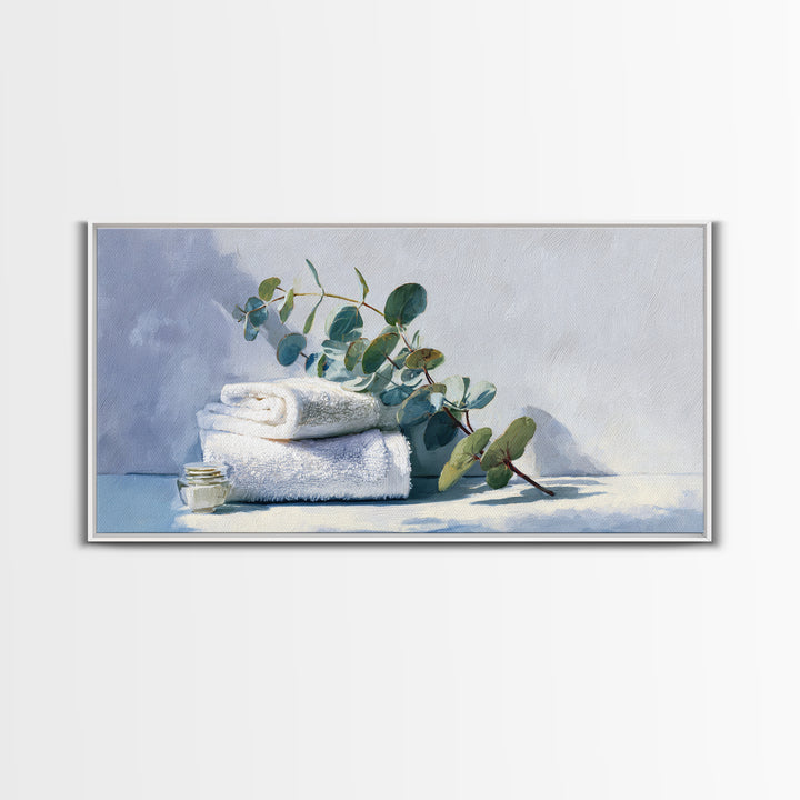 Sunlit White Towels and Eucalyptus Branch Canvas Print, Laundry Room Art, Digital Print, Living Room Decor, Fine Art, Clean, LRA-2x1-31