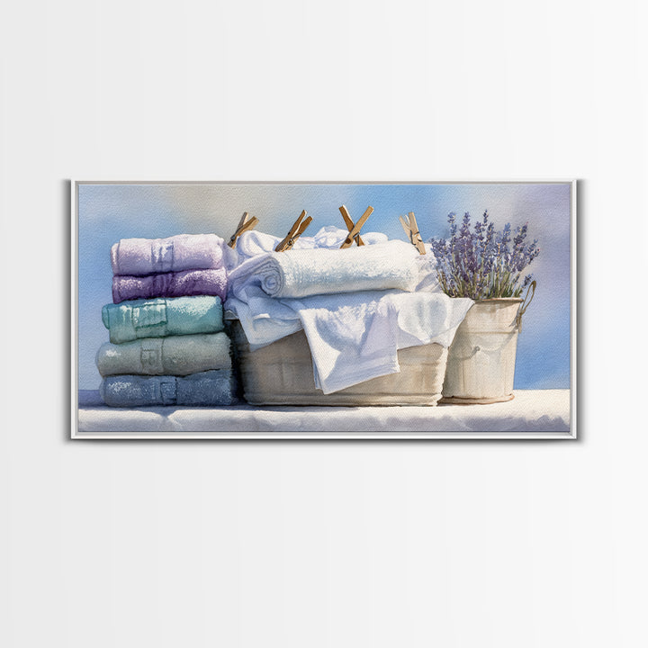 Basket of Folded Towels Framed Canvas Print, Laundry Room Art, Art Print, Living Room Decor, Fine Art, Clean, Artwork, LRA-2x1-34