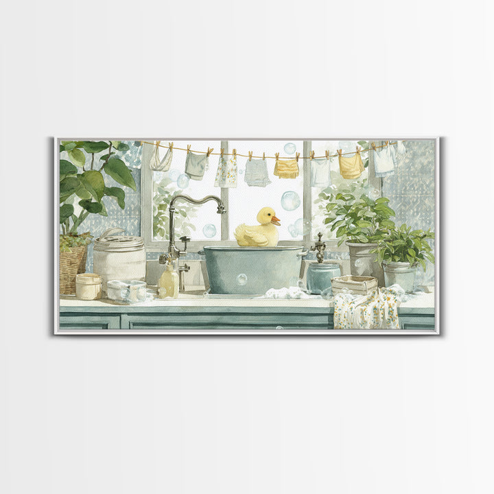 Duck and Bubbles Whimsical Watercolor Framed Canvas Print, Laundry Room Art, Living Room Decor, Oil Painting, Clean, LRA-2x1-35