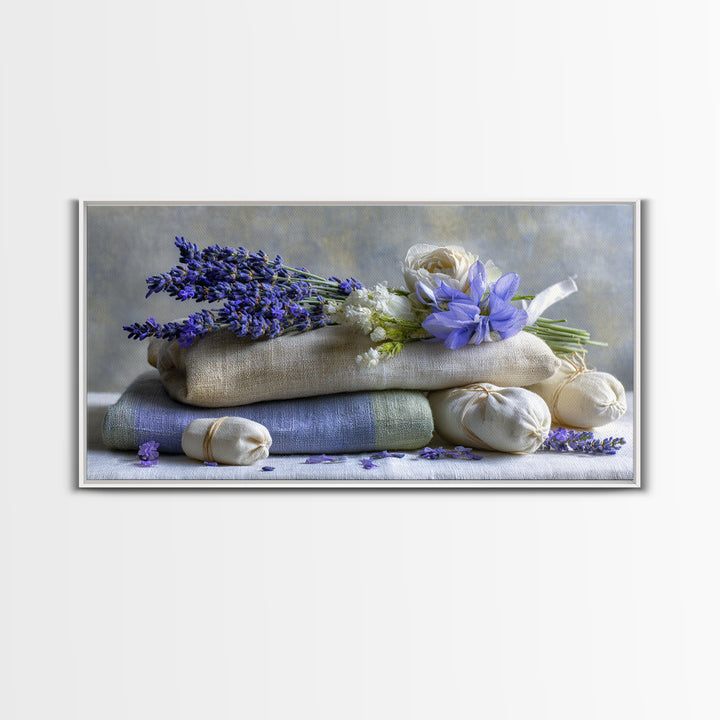 Lavender Sachet and Ribbon Still Life Framed Canvas Print, Laundry Room Art, Minimalist Decor, Living Room Decor, Clean, LRA-2x1-37