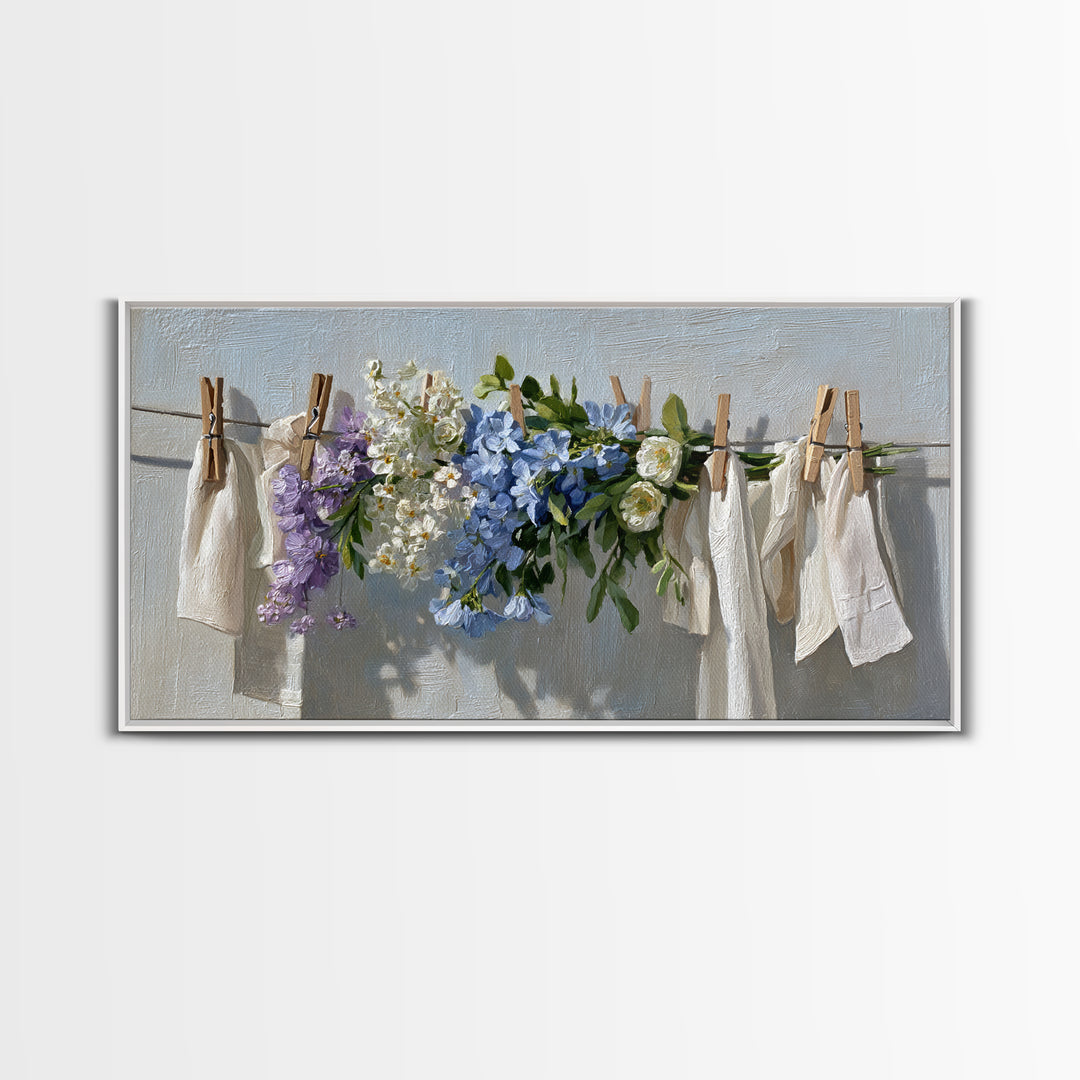 Clothespin Bouquet in Folk Art Style Framed Canvas Print, Laundry Room Art, Wall Decor, Living Room Decor, Fine Art, Clean, LRA-2x1-40